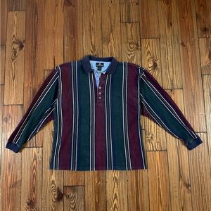 90s Structure Burgundy and Green Striped Polo Shirt